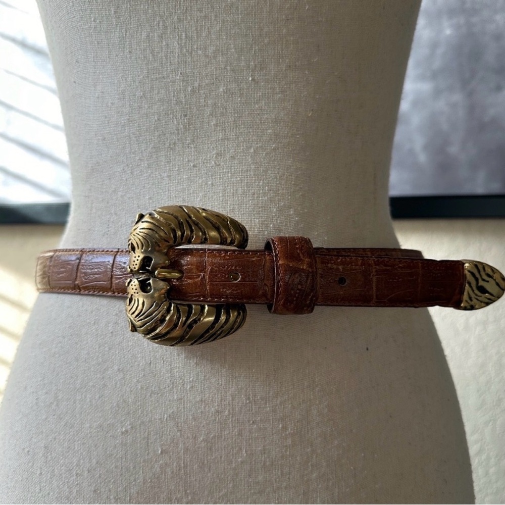 Brown Croc-Embossed Leather Belt with Gold Lion Buckle Vintage